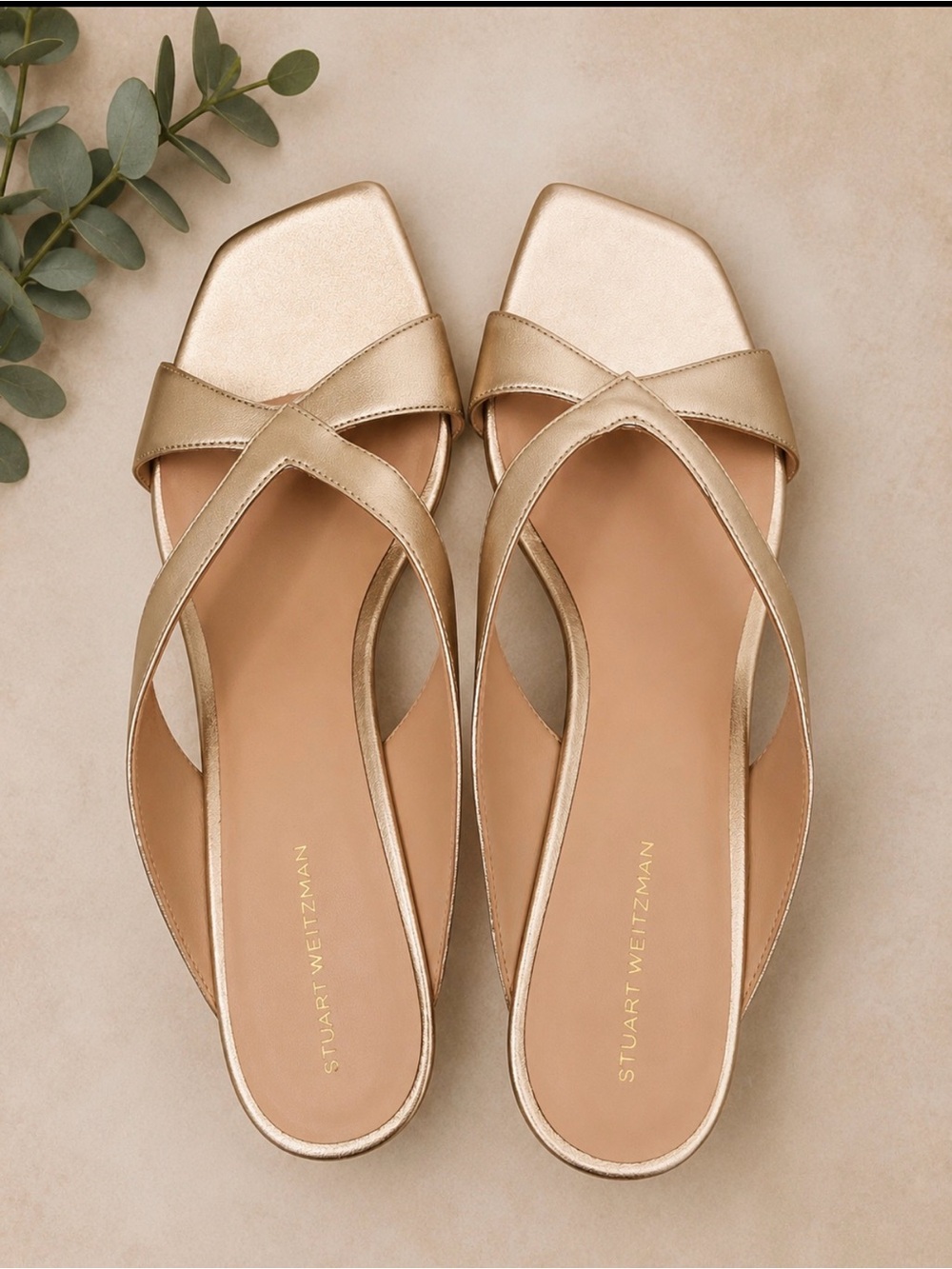 Stuart Weitzman Metallic Gold Crisscross Square-Toe Slide Mules NO BOX NWT